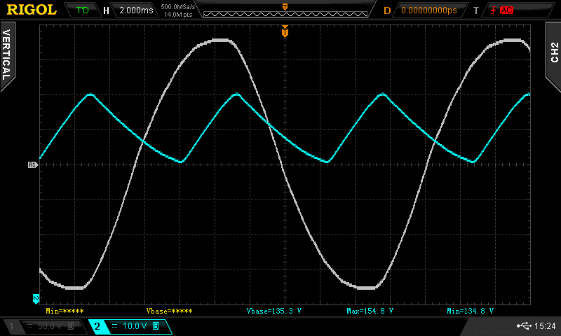 Oscilloscope trace showing the voltage across the electrolytic capacitor