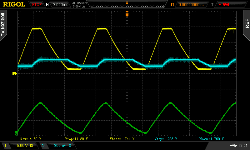 Oscilloscope trace showing voltages across Q1
