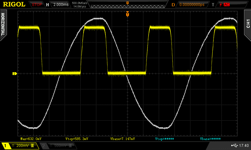 Oscilloscope trace showing the voltage across RS2